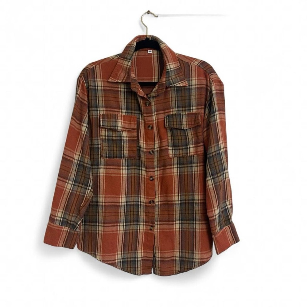 Women's Orange And Brown Plaid Button Down Shirt Size M